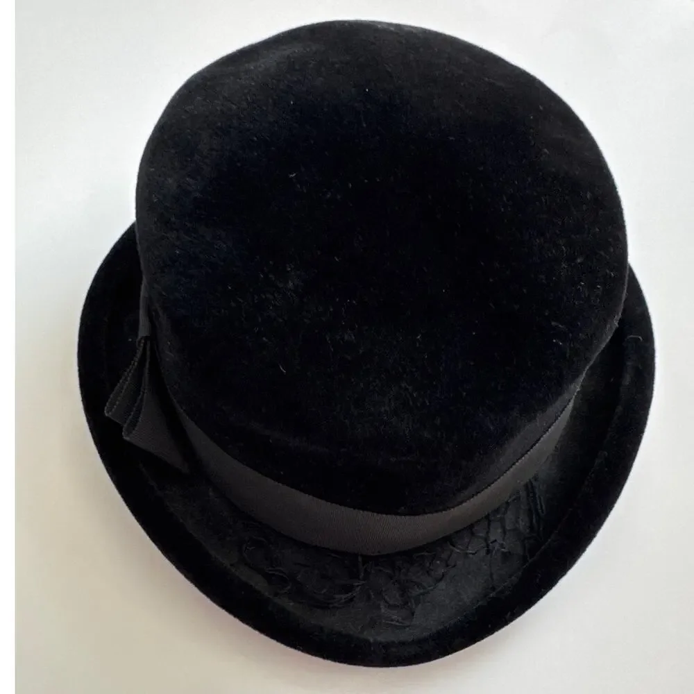 Vintage 50's French Black Velvet Cocktail Hat with Ribbon band retro veil style